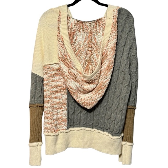 Chunky Mixed Media Long Sleeve Hooded Button Front Boho Sweater Cardigan Large - Picture 7 of 10